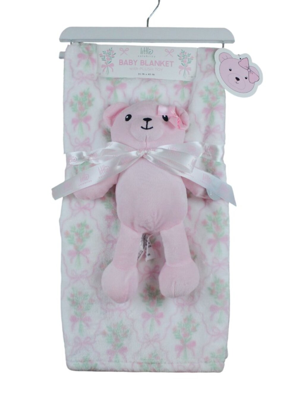 Little Celebrity Pink Bear Plush Floral Bow Blanket Set Baby Infant Girls NWT